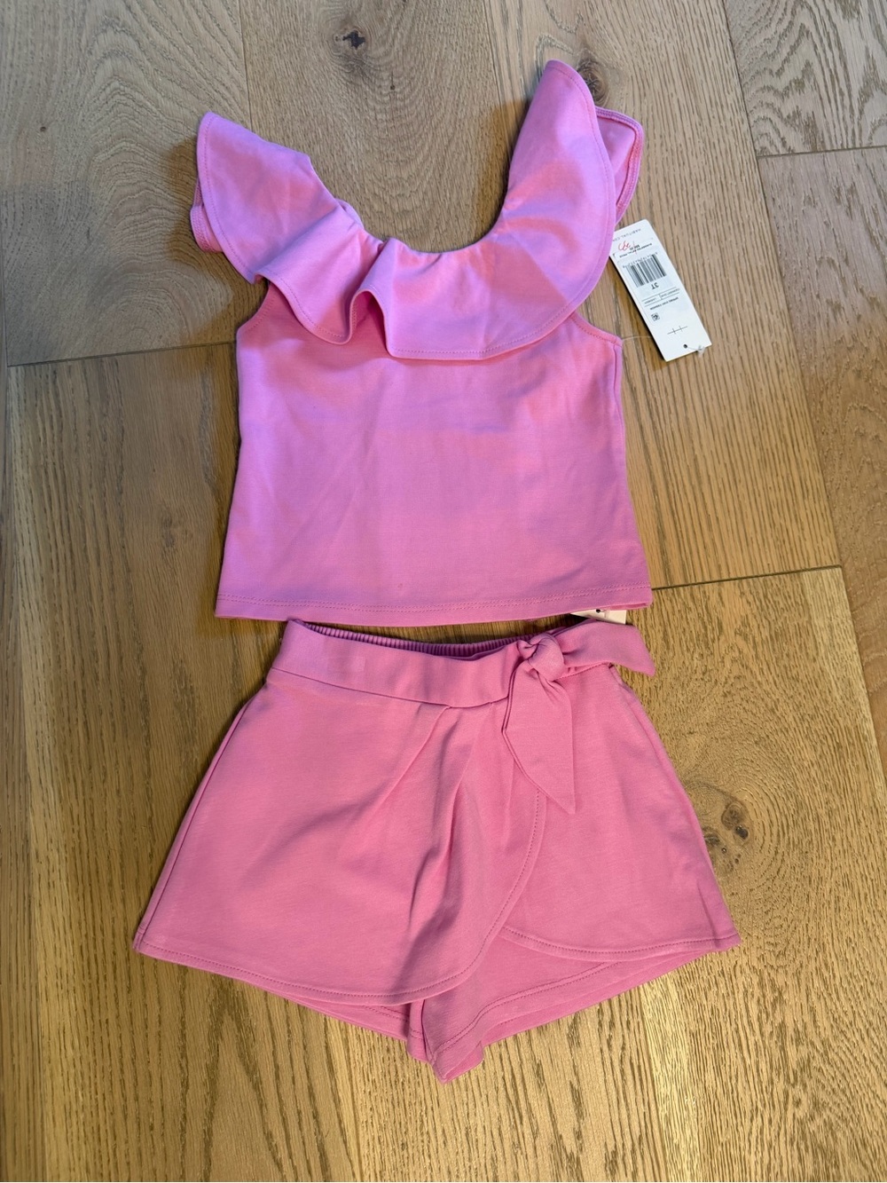 Girls Pink Ruffle-Shoulder Tank & Tie-Waist Skort Set